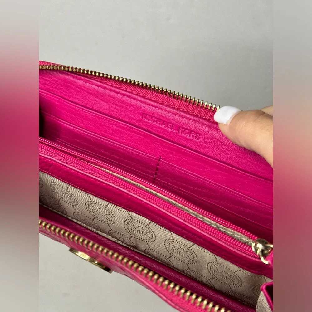 MICHAEL KORS Logo Embossed Pink Leather Zip Around Continental Wallet